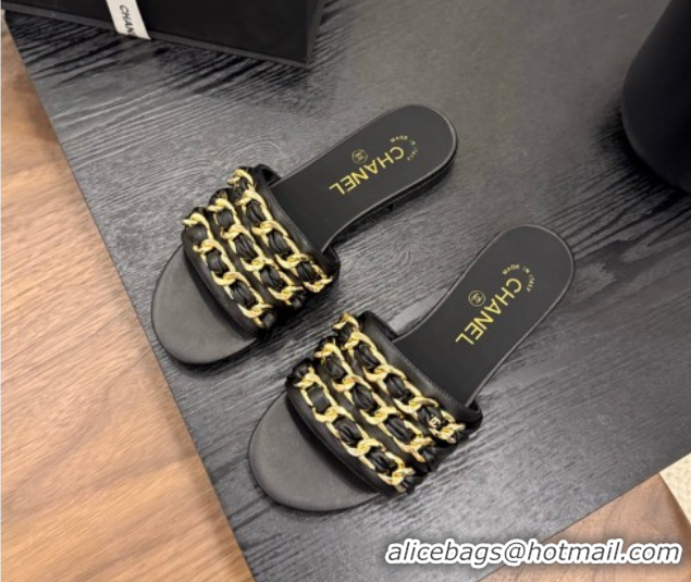 Luxurious Chanel Calfskin Flat Slides Sandal with Chain Strap Black 2025A CH071508