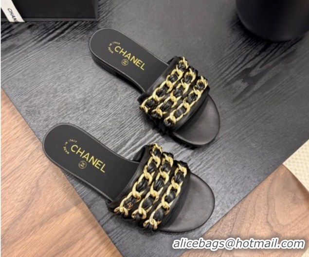 Luxurious Chanel Calfskin Flat Slides Sandal with Chain Strap Black 2025A CH071508