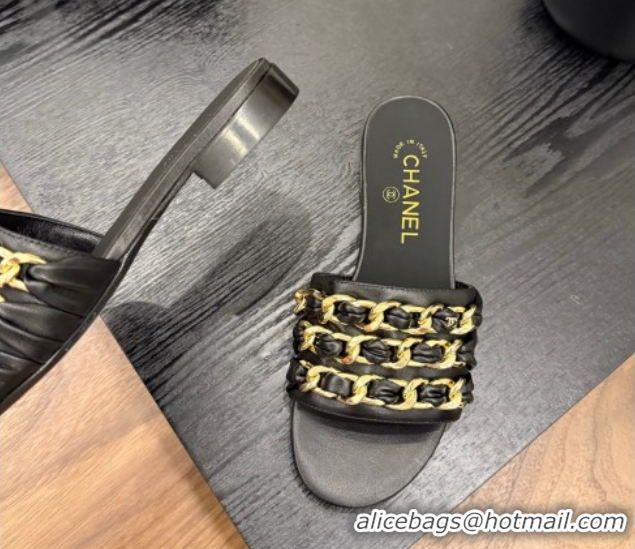 Luxurious Chanel Calfskin Flat Slides Sandal with Chain Strap Black 2025A CH071508