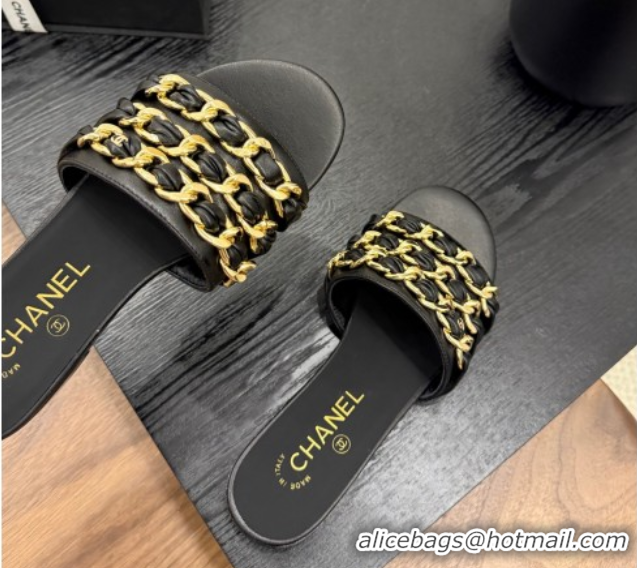 Luxurious Chanel Calfskin Flat Slides Sandal with Chain Strap Black 2025A CH071508