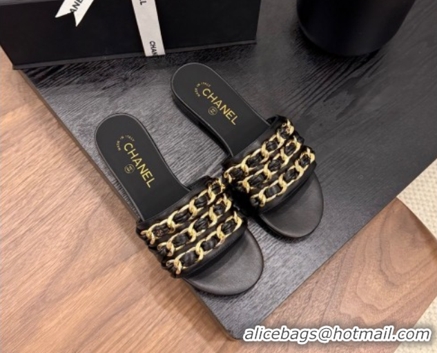 Luxurious Chanel Calfskin Flat Slides Sandal with Chain Strap Black 2025A CH071508