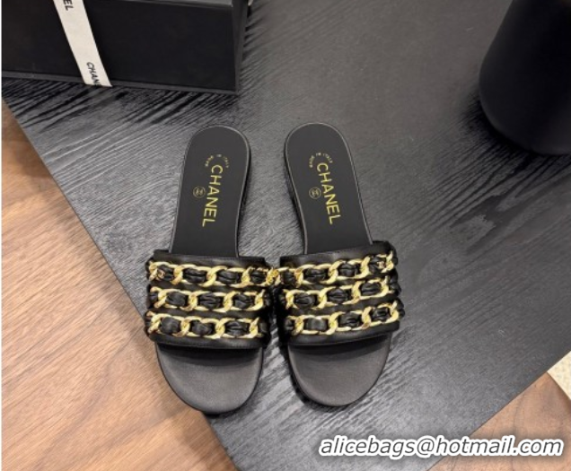 Luxurious Chanel Calfskin Flat Slides Sandal with Chain Strap Black 2025A CH071508