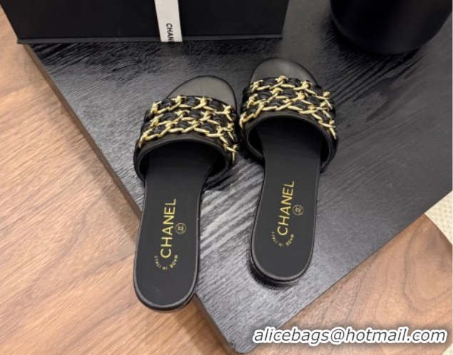Luxurious Chanel Calfskin Flat Slides Sandal with Chain Strap Black 2025A CH071508