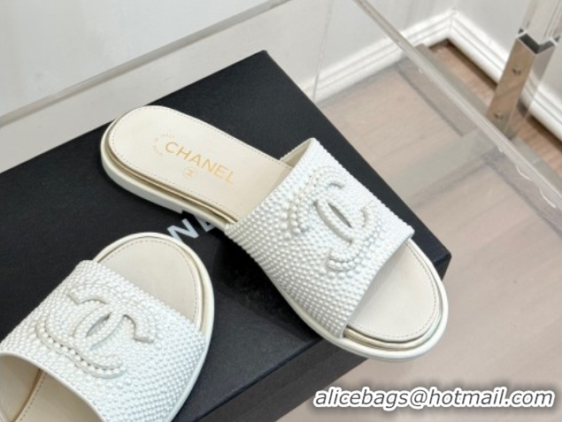Most Popular Chanel Pearls Flat Slides Sandal White 2025A CH071509