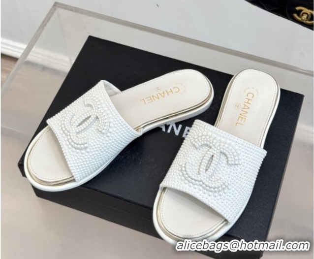 Most Popular Chanel Pearls Flat Slides Sandal White 2025A CH071509