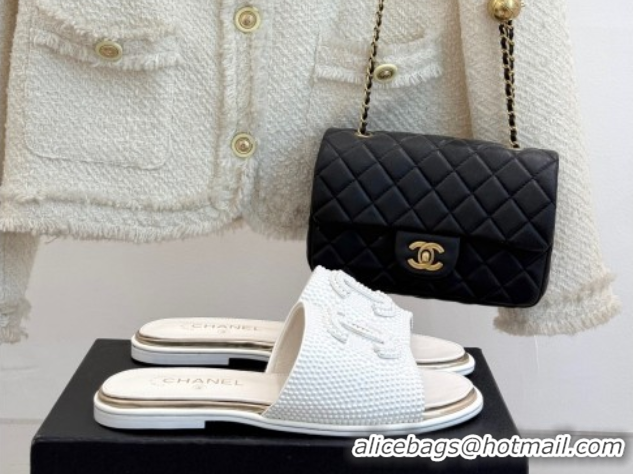 Most Popular Chanel Pearls Flat Slides Sandal White 2025A CH071509