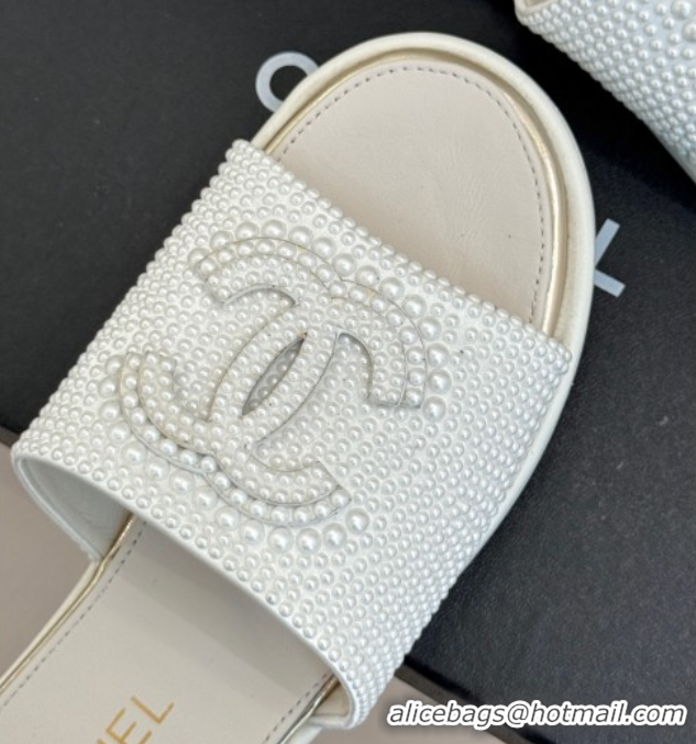 Most Popular Chanel Pearls Flat Slides Sandal White 2025A CH071509
