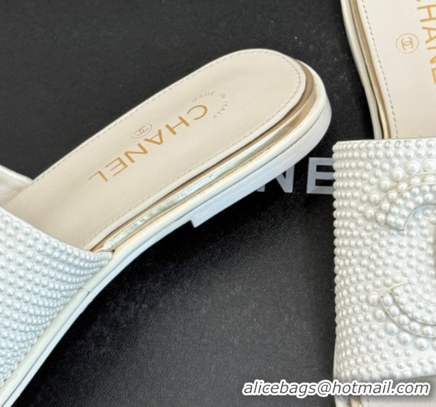 Most Popular Chanel Pearls Flat Slides Sandal White 2025A CH071509