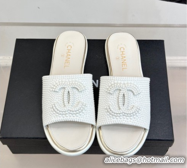Most Popular Chanel Pearls Flat Slides Sandal White 2025A CH071509