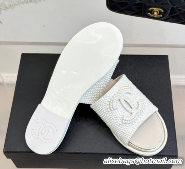 Most Popular Chanel Pearls Flat Slides Sandal White 2025A CH071509