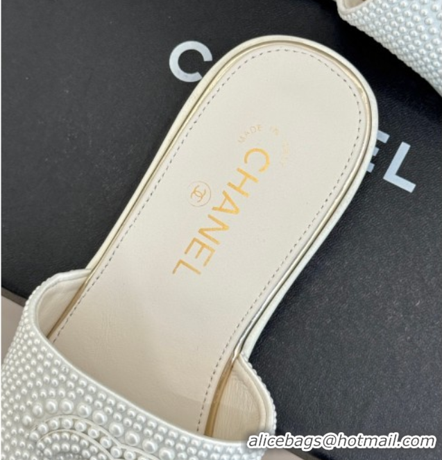 Most Popular Chanel Pearls Flat Slides Sandal White 2025A CH071509