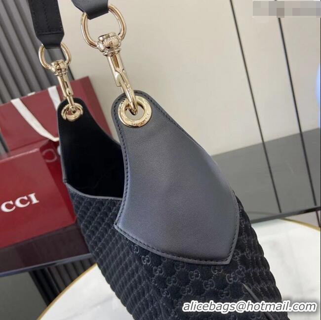 Luxury Discount Gucci B medium shoulder bag in Micro GG Suede 834981 Black 2025
