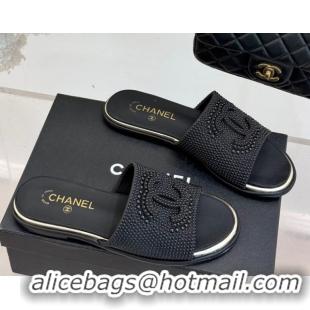Good Looking Chanel Pearls Flat Slides Sandal Black 2025A CH071509