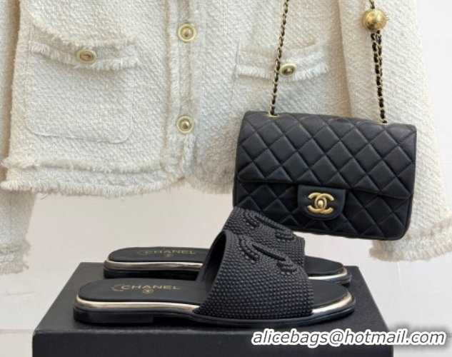 Good Looking Chanel Pearls Flat Slides Sandal Black 2025A CH071509