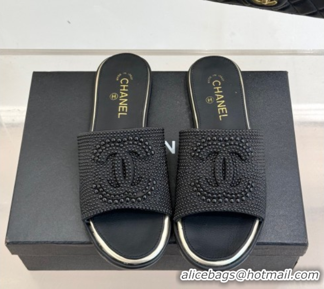 Good Looking Chanel Pearls Flat Slides Sandal Black 2025A CH071509