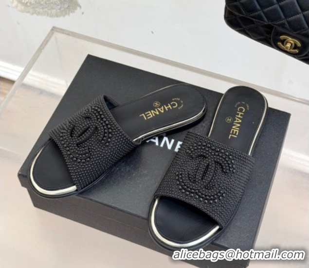 Good Looking Chanel Pearls Flat Slides Sandal Black 2025A CH071509