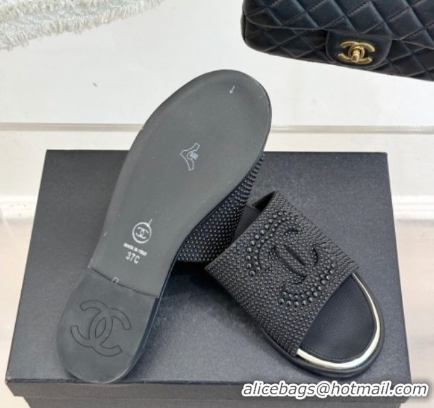 Good Looking Chanel Pearls Flat Slides Sandal Black 2025A CH071509
