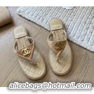Feminine Chanel Suede Flat Thong Slides Sandal Beige 2025P CH071510