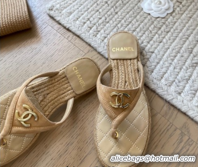 Feminine Chanel Suede Flat Thong Slides Sandal Beige 2025P CH071510