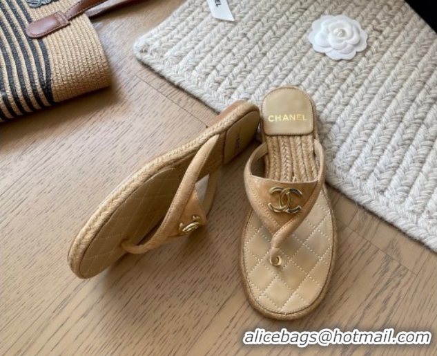 Feminine Chanel Suede Flat Thong Slides Sandal Beige 2025P CH071510