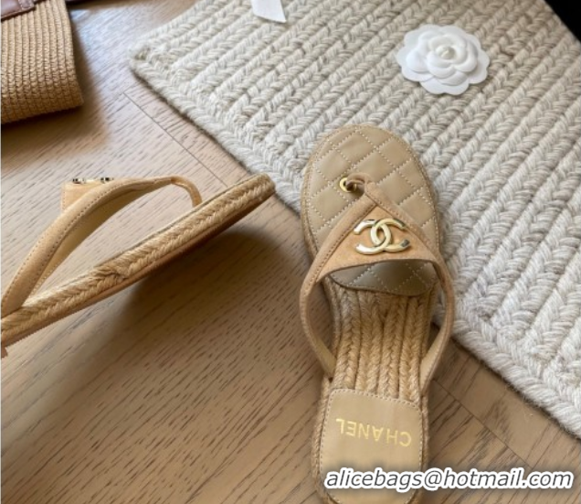Feminine Chanel Suede Flat Thong Slides Sandal Beige 2025P CH071510
