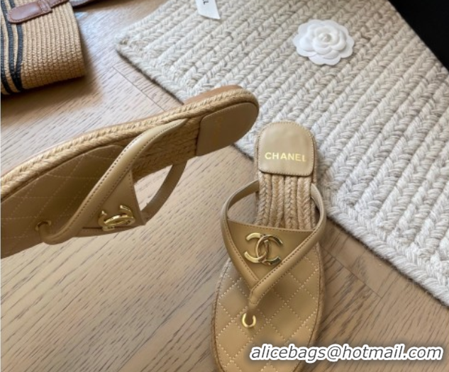 Grade Quality Chanel Lambskin Flat Thong Slides Sandal Beige 2025P CH071510