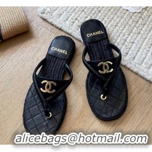 Best Grade Chanel Lambskin Flat Thong Slides Sandal Black 2025P CH071510