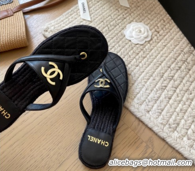 Best Grade Chanel Lambskin Flat Thong Slides Sandal Black 2025P CH071510