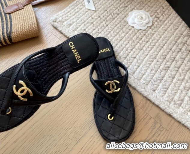 Best Grade Chanel Lambskin Flat Thong Slides Sandal Black 2025P CH071510