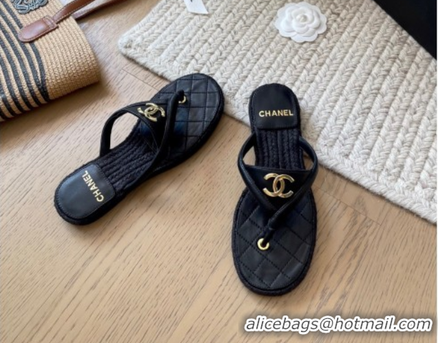 Best Grade Chanel Lambskin Flat Thong Slides Sandal Black 2025P CH071510