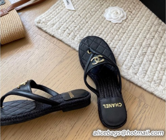 Best Grade Chanel Lambskin Flat Thong Slides Sandal Black 2025P CH071510