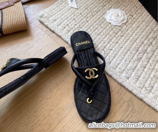 Best Grade Chanel Lambskin Flat Thong Slides Sandal Black 2025P CH071510