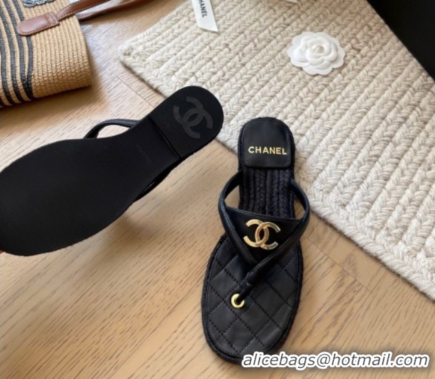 Best Grade Chanel Lambskin Flat Thong Slides Sandal Black 2025P CH071510