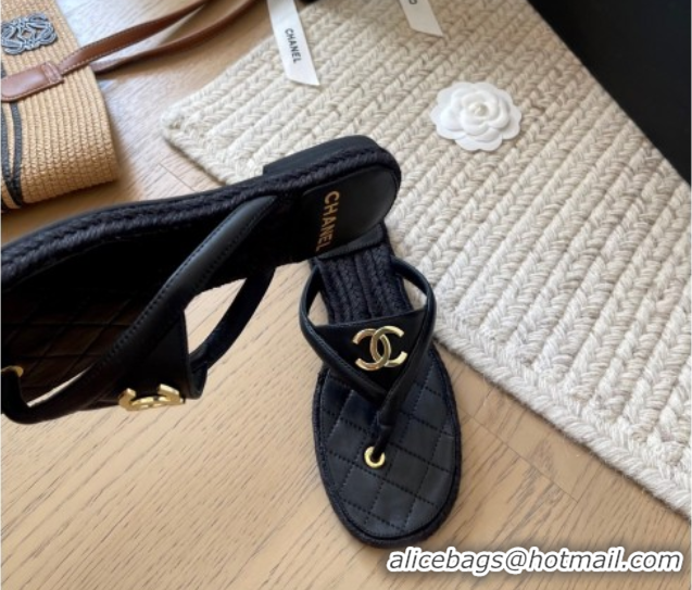 Best Grade Chanel Lambskin Flat Thong Slides Sandal Black 2025P CH071510