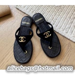 Purchase Chanel Suede Flat Thong Slides Sandal Black 2025P CH071510