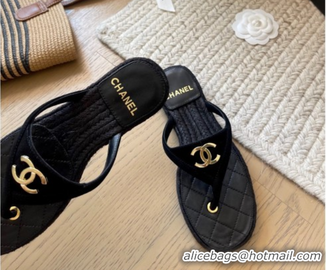 Purchase Chanel Suede Flat Thong Slides Sandal Black 2025P CH071510