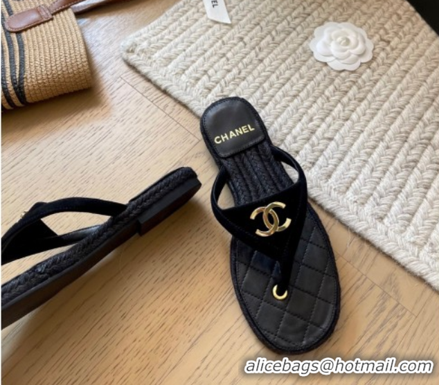 Purchase Chanel Suede Flat Thong Slides Sandal Black 2025P CH071510