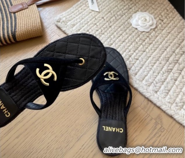 Purchase Chanel Suede Flat Thong Slides Sandal Black 2025P CH071510