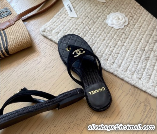 Purchase Chanel Suede Flat Thong Slides Sandal Black 2025P CH071510