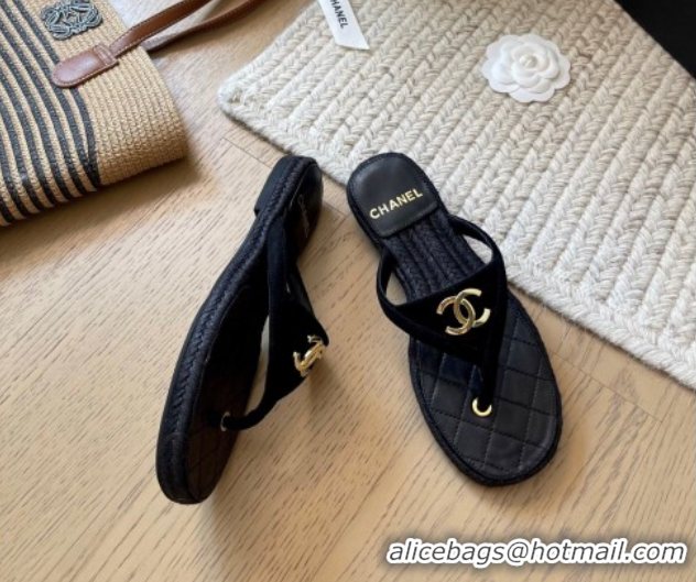Purchase Chanel Suede Flat Thong Slides Sandal Black 2025P CH071510