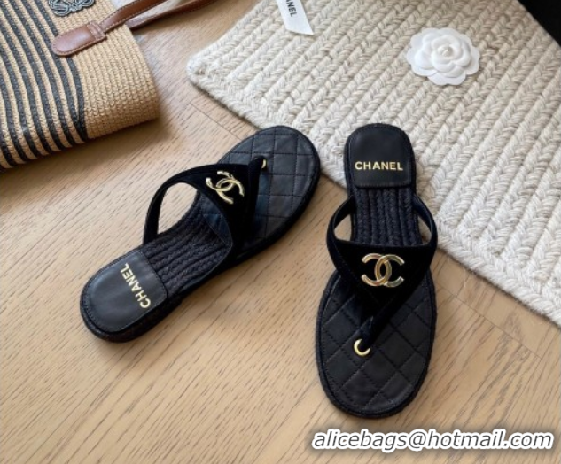 Purchase Chanel Suede Flat Thong Slides Sandal Black 2025P CH071510