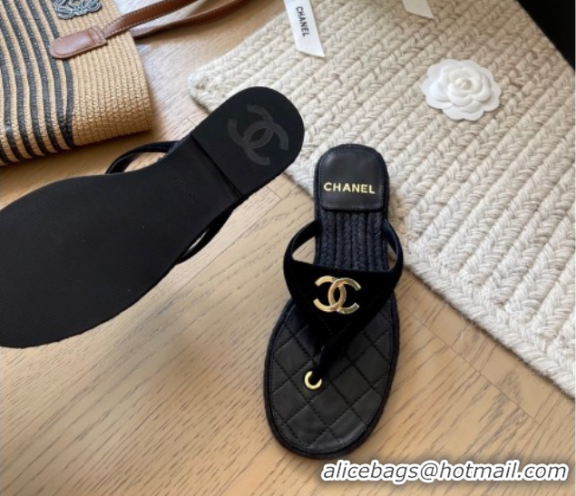 Purchase Chanel Suede Flat Thong Slides Sandal Black 2025P CH071510