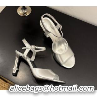 Best Price Chanel Metallic Leather Heel Sandals 9cm with Pearls Silver 2025 G46488