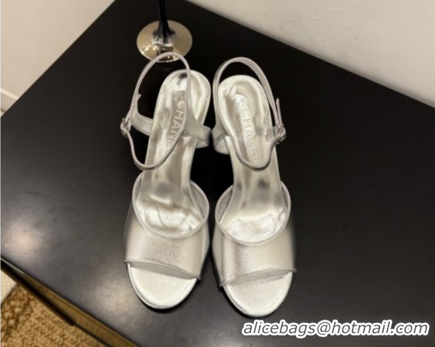Best Price Chanel Metallic Leather Heel Sandals 9cm with Pearls Silver 2025 G46488