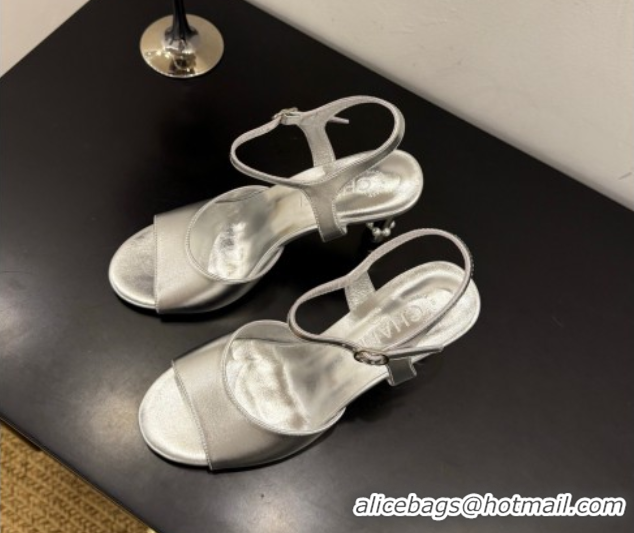 Best Price Chanel Metallic Leather Heel Sandals 9cm with Pearls Silver 2025 G46488