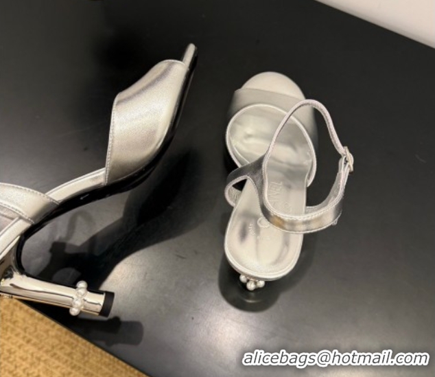 Best Price Chanel Metallic Leather Heel Sandals 9cm with Pearls Silver 2025 G46488