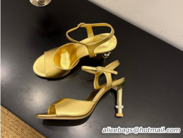 Low Cost Chanel Metallic Leather Heel Sandals 9cm with Pearls Gold 2025 G46488