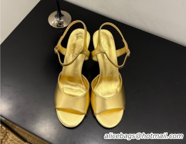 Low Cost Chanel Metallic Leather Heel Sandals 9cm with Pearls Gold 2025 G46488
