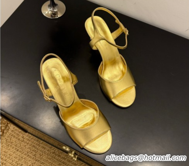 Low Cost Chanel Metallic Leather Heel Sandals 9cm with Pearls Gold 2025 G46488