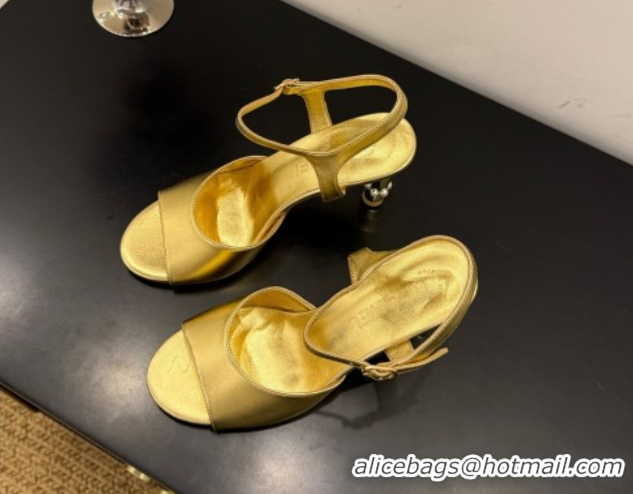 Low Cost Chanel Metallic Leather Heel Sandals 9cm with Pearls Gold 2025 G46488